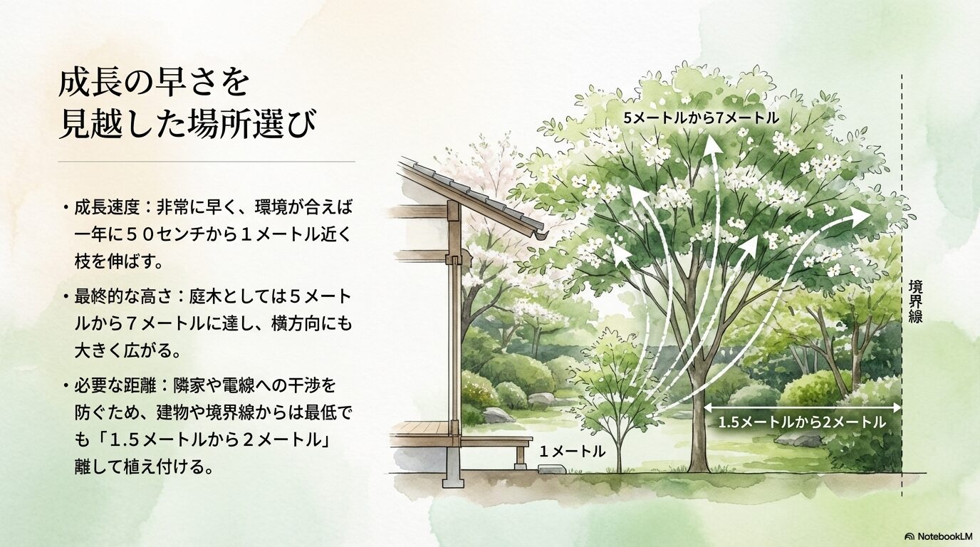 境界線や建物から1.5メートルから2メートル離して植えるエゴノキの植栽距離の図解