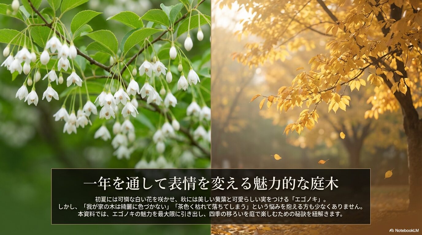 初夏には白い花、秋には黄葉と実をつけるエゴノキの魅力