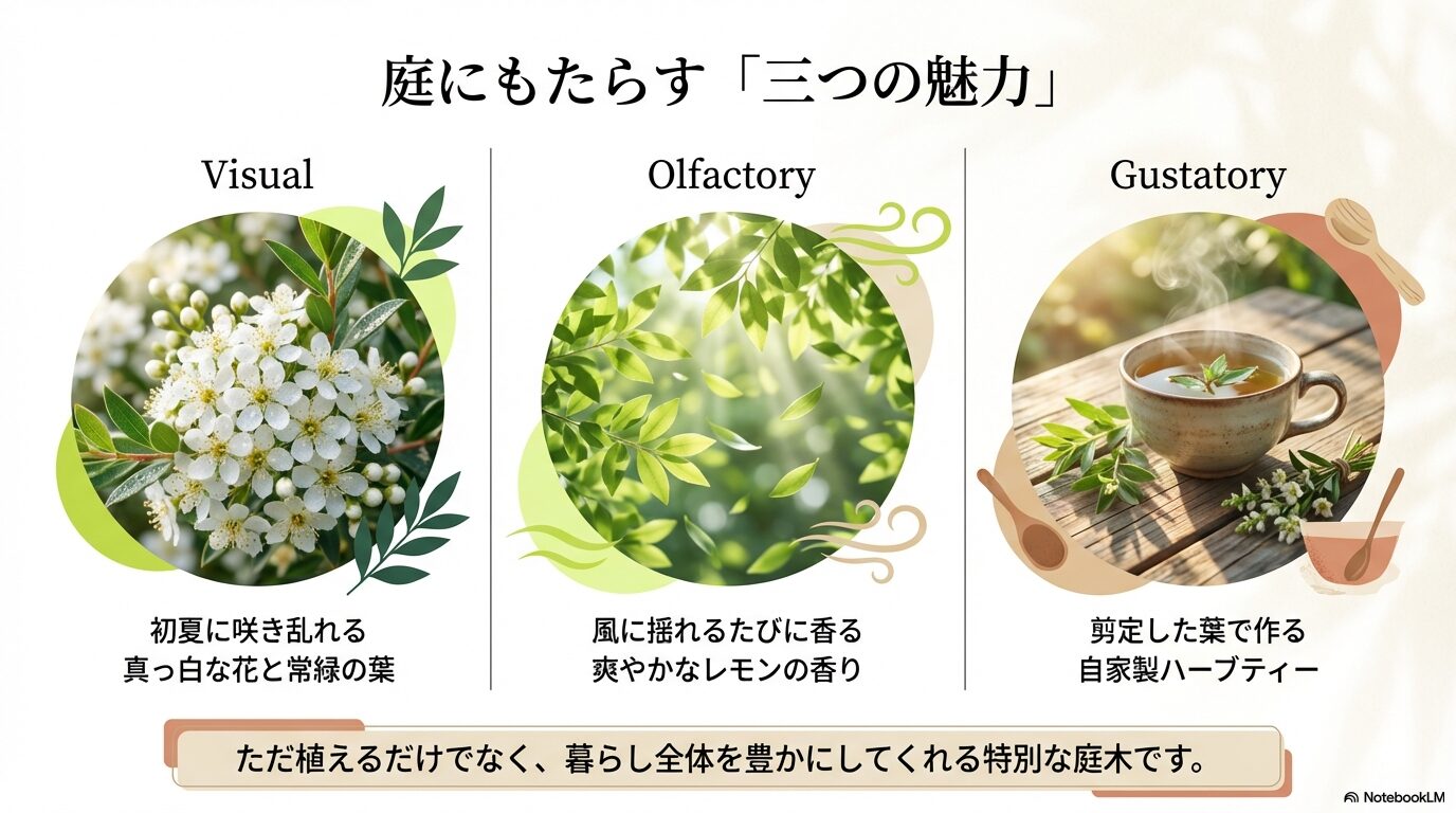 庭にもたらす視覚・嗅覚・味覚の三つの魅力（花、香り、ハーブティー）