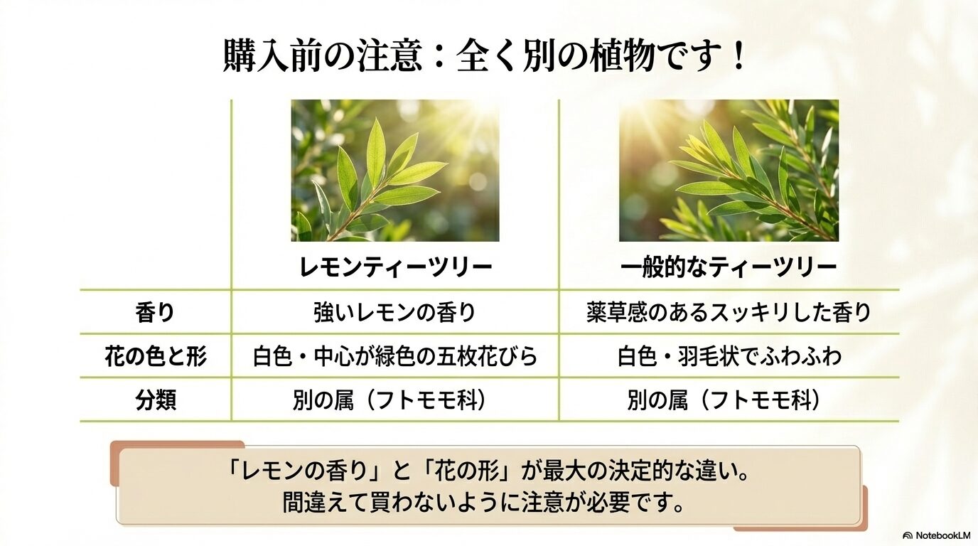 レモンティーツリーと一般的なティーツリーの香り・花の色や形・分類の違いを比較した表