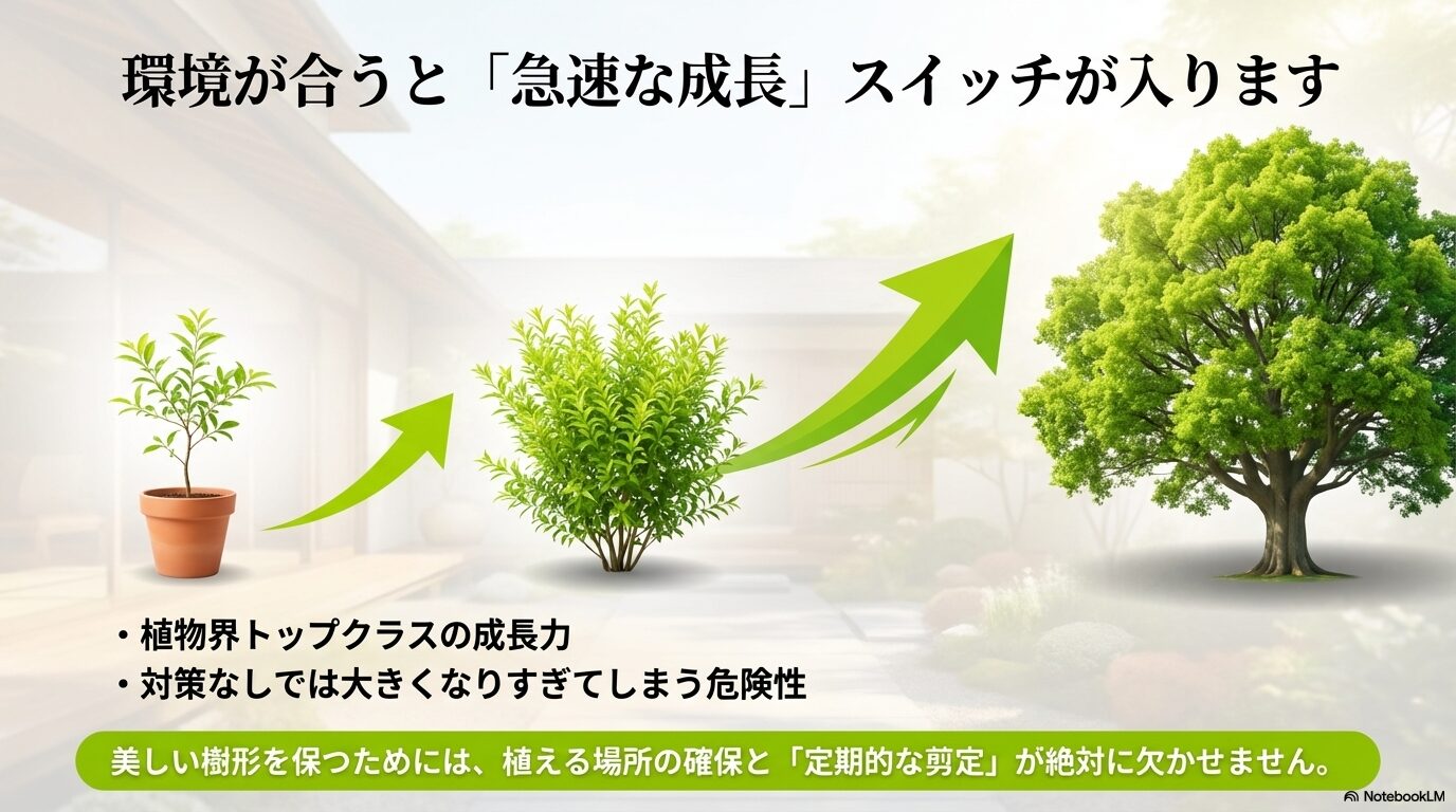 環境が合うと急速な成長スイッチが入り、美しい樹形を保つには定期的な剪定が欠かせないことへの注意喚起