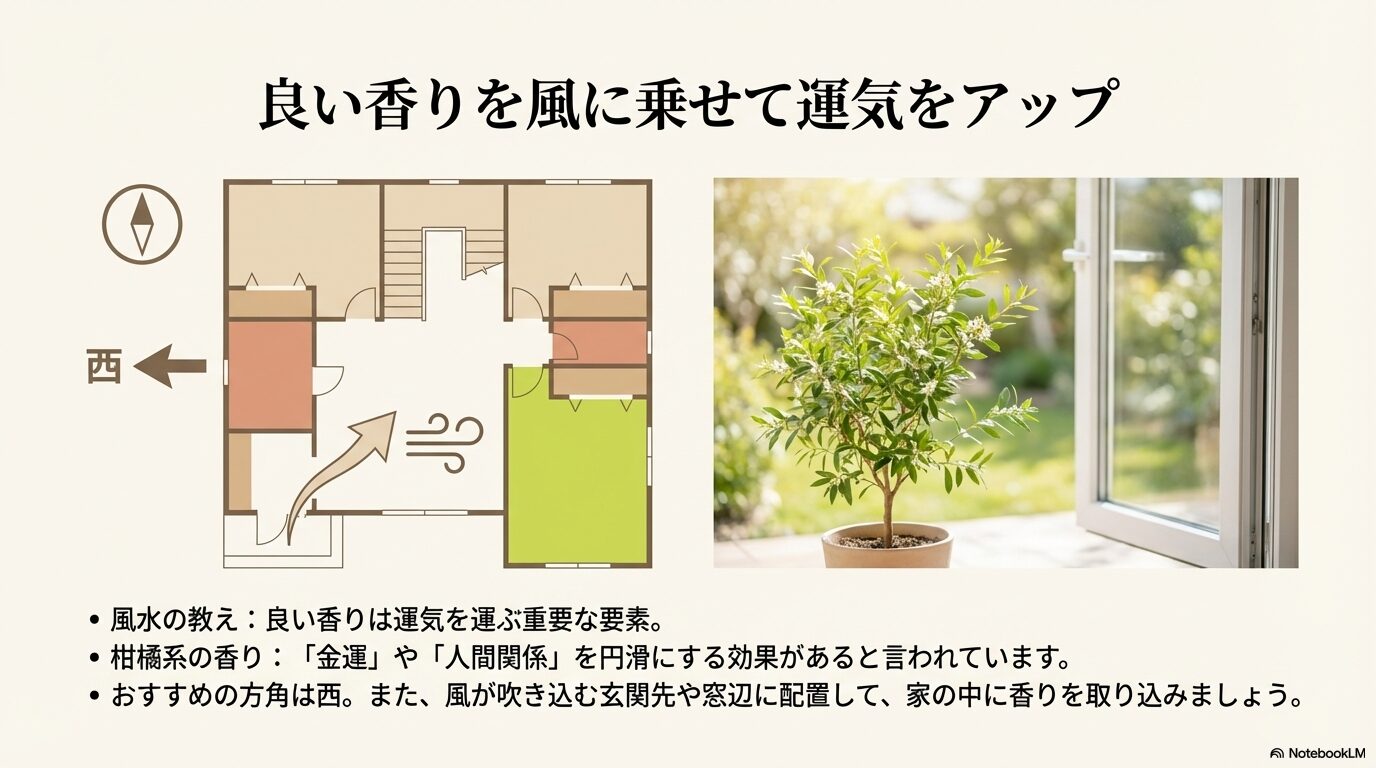 良い香りを風に乗せて金運や人間関係の運気をアップさせる西の方角や窓辺への配置