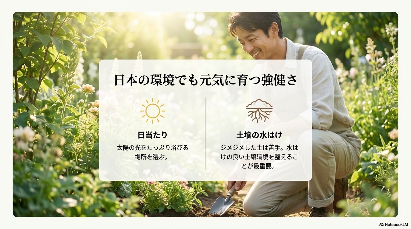 日本の環境でも元気に育つための強健さと、日当たり・土壌の水はけの重要性