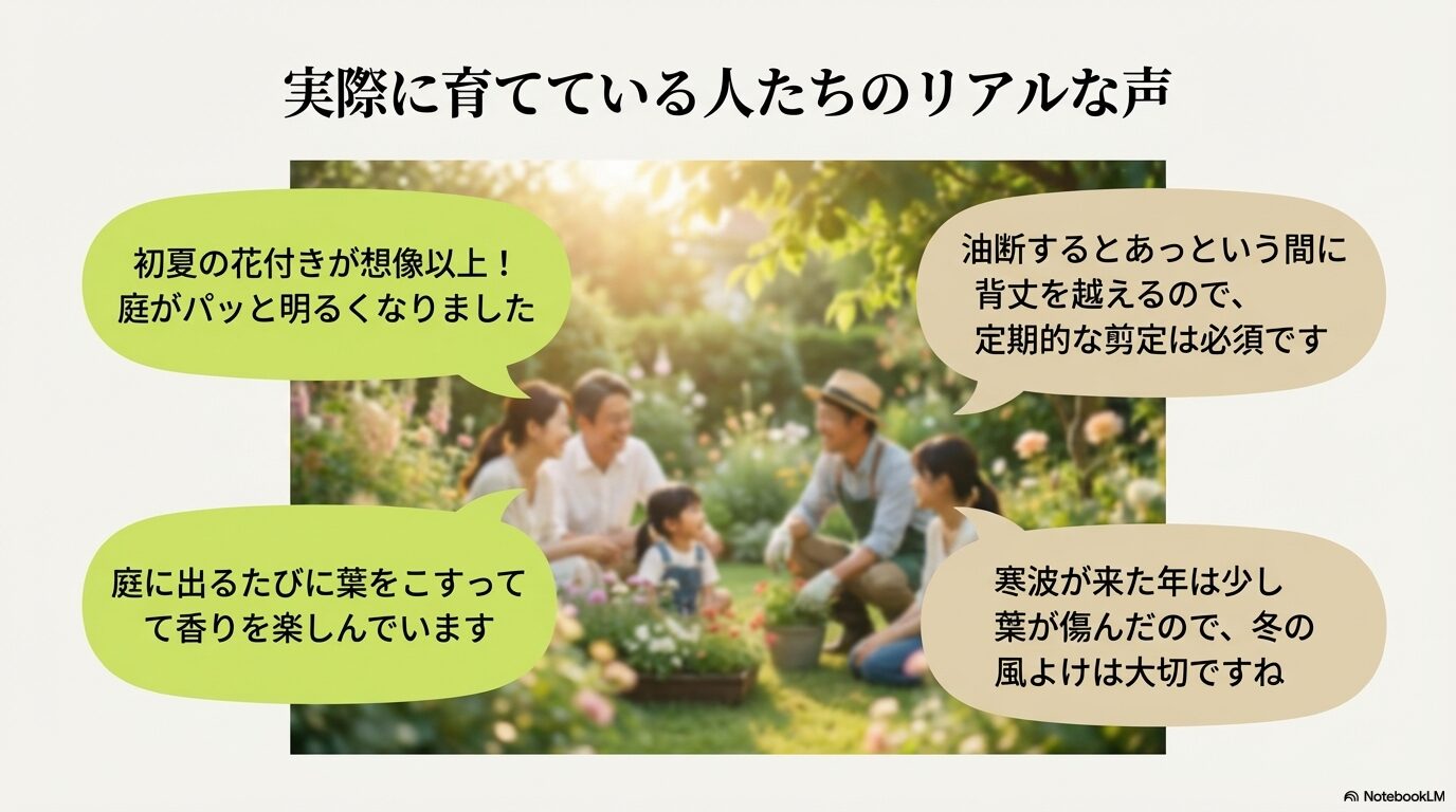 初夏の花付きの良さ、剪定の必要性、香りの楽しみ、冬の寒波による影響など実際に育てている人たちの口コミ