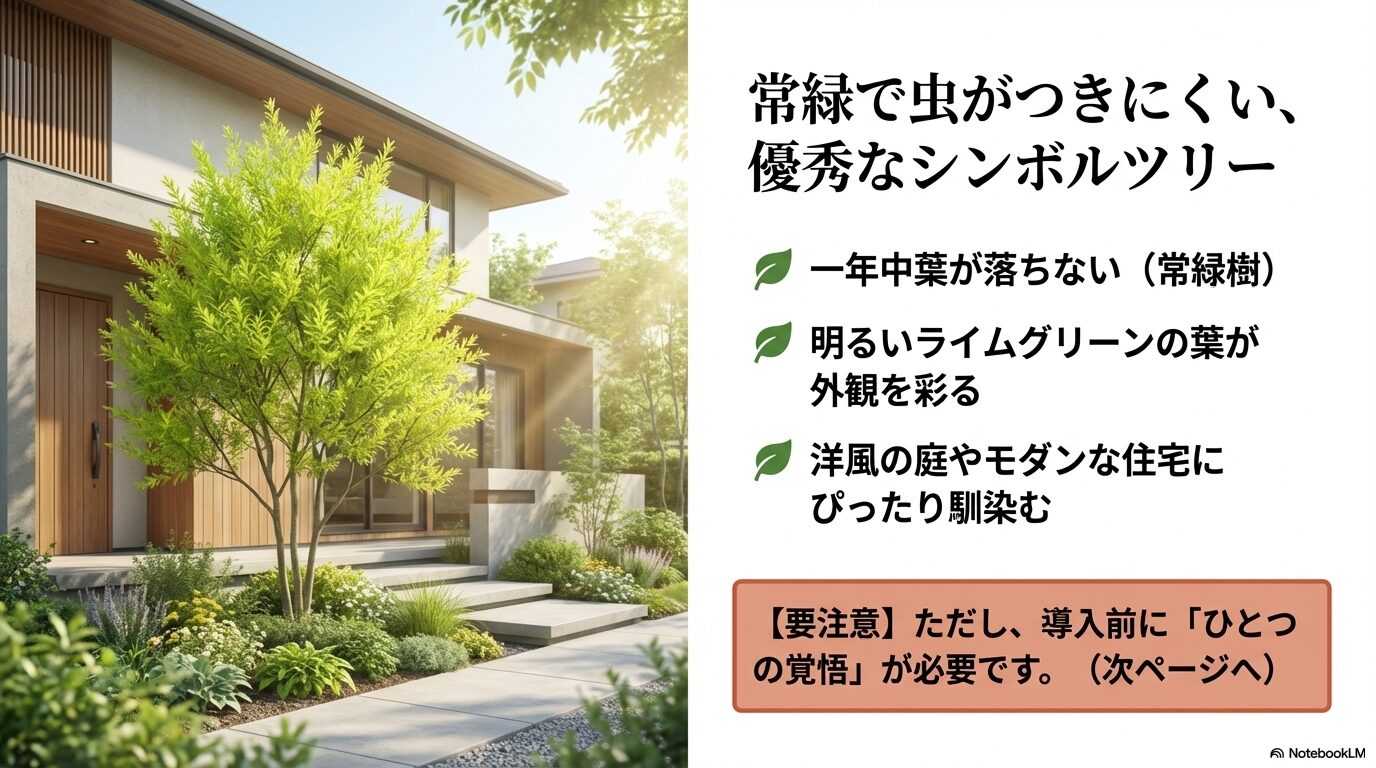 洋風の庭やモダンな住宅に馴染む、常緑でライムグリーンの葉を持つレモンティーツリー
