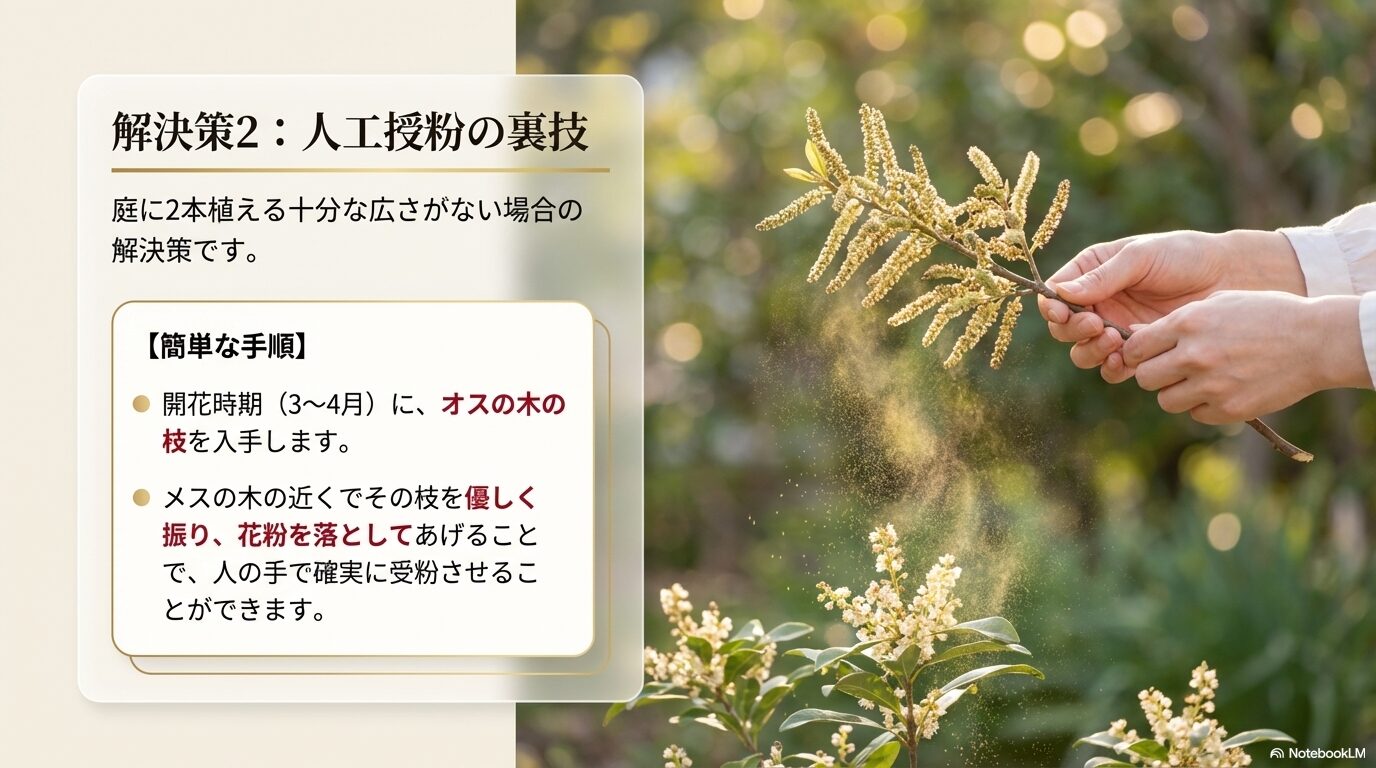 庭に2本植える広さがない場合に有効な、開花時期にオスの枝を使って人の手で受粉させる人工授粉の手順