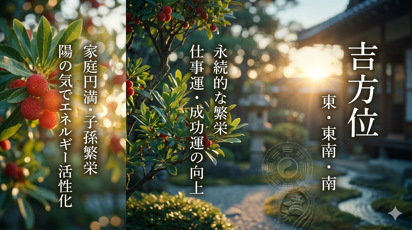 朝日に照らされるヤマモモの実と、風水の吉方位や意味（家庭円満・仕事運）が書かれた、上品な雰囲気のスライド画像。