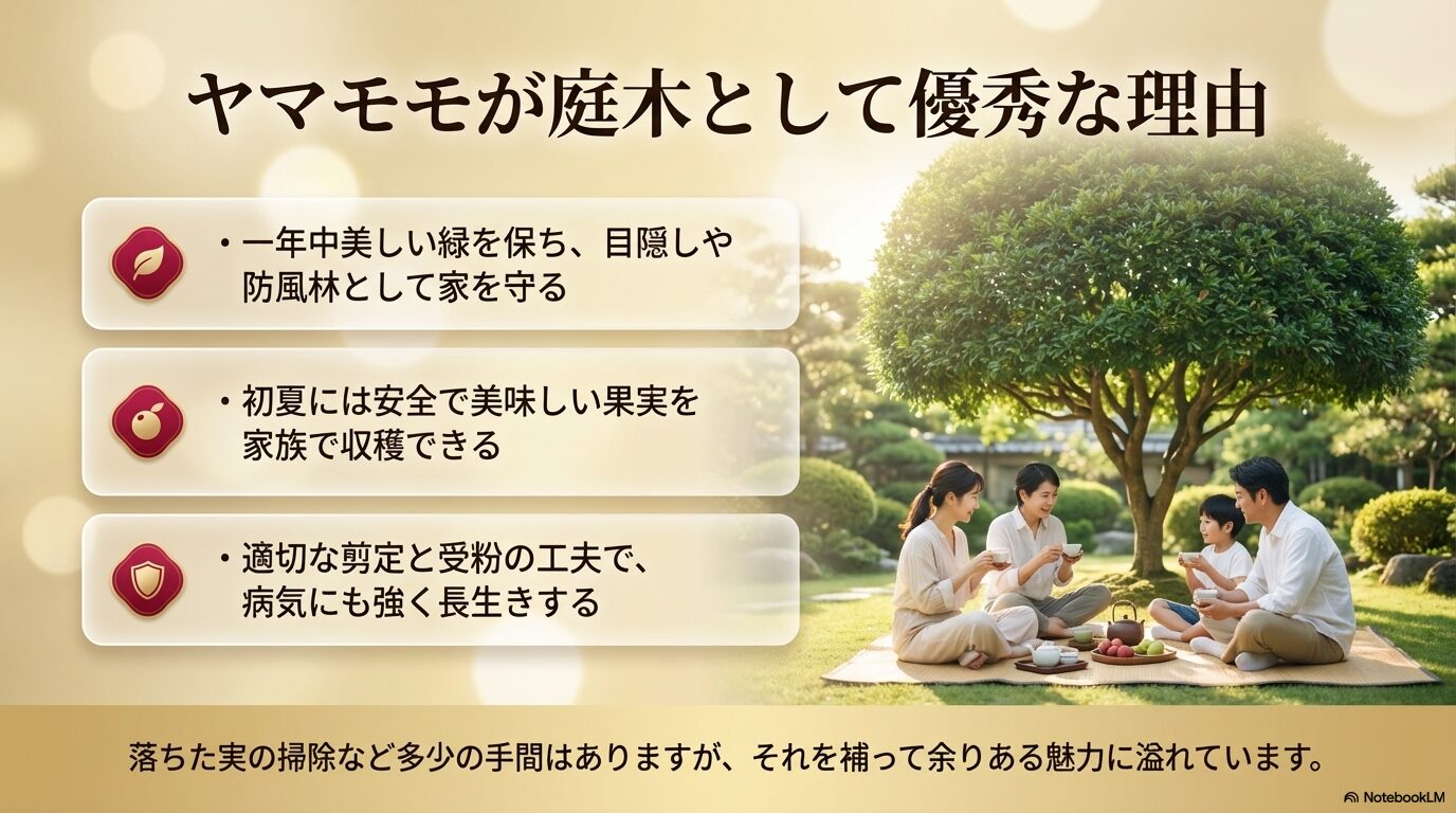 美しい緑、美味しい果実の収穫、病気への強さなど、多少の手間を補って余りあるヤマモモの庭木としての魅力まとめ