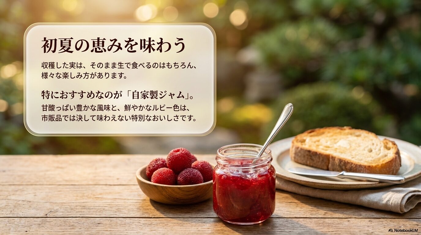 収穫したヤマモモの実で作る、鮮やかなルビー色と豊かな風味が特徴の自家製ジャムの魅力