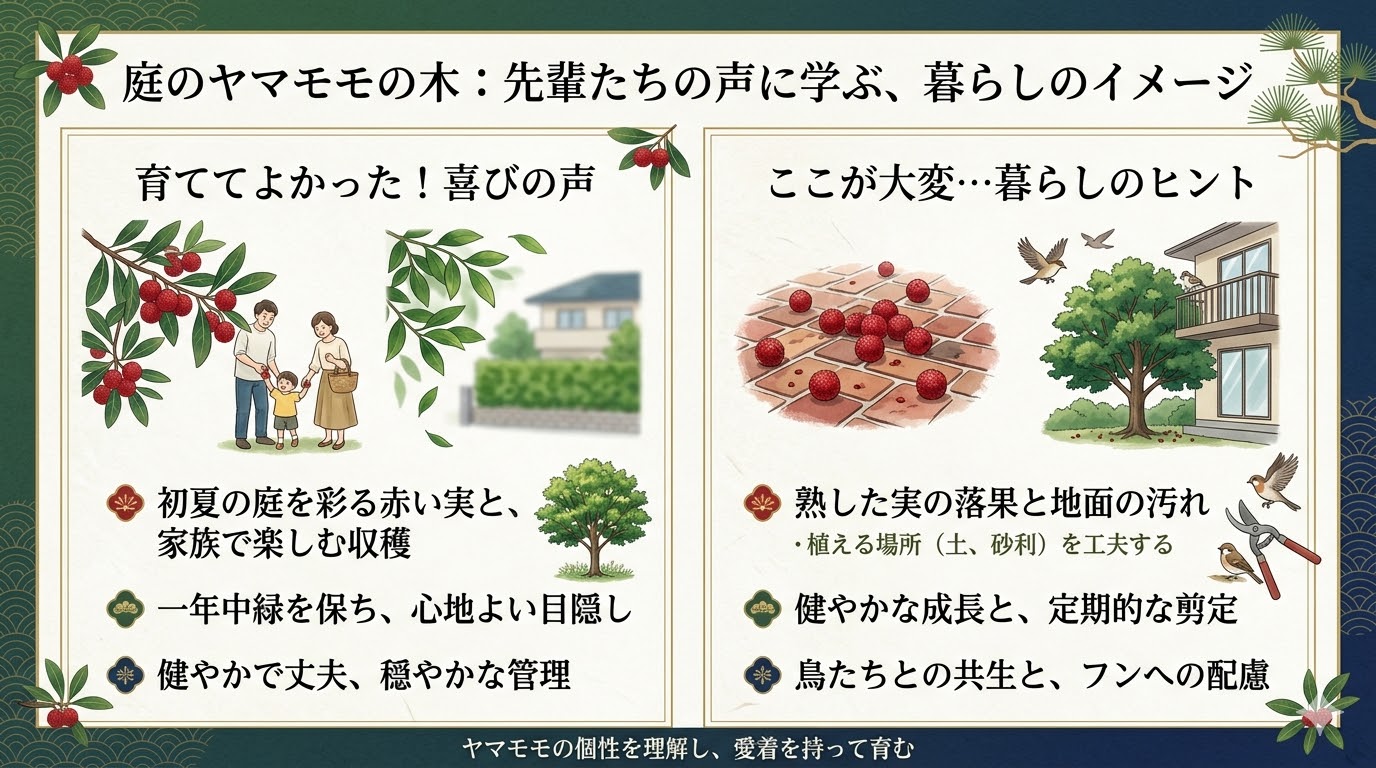 庭に植えたヤマモモの木の口コミ（良い点と大変な点・対策）をまとめた、和風で気品のあるスライド画像。初夏の赤い実、目隠し効果、丈夫さ、落果汚れ対策、剪定、鳥への配慮などをわかりやすく紹介。