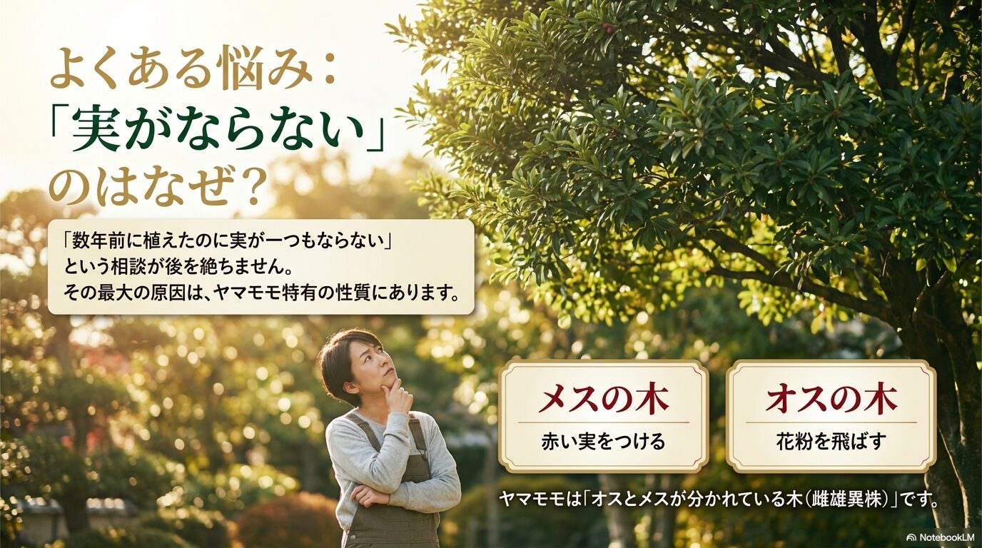 ヤマモモの実がならない原因である、オスとメスの木が分かれている「雌雄異株」という性質の解説