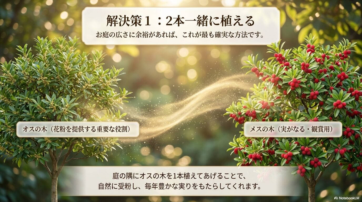 確実にヤマモモの実をならせるための、オスの木とメスの木を庭に一緒に植えるペア植栽の解決策