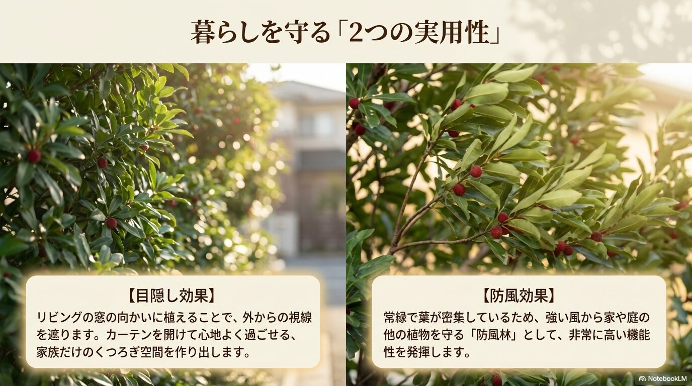 ヤマモモを庭に植えることで得られる、視線を遮る目隠し効果と、強い風から家を守る防風効果の解説