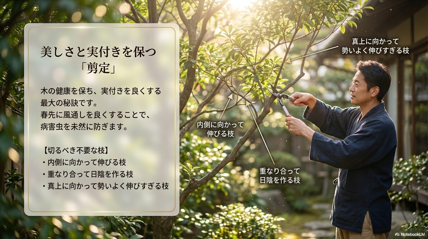 ヤマモモの健康と実付きを良くするために切るべき、内向枝、交差枝、徒長枝など不要な枝の図解