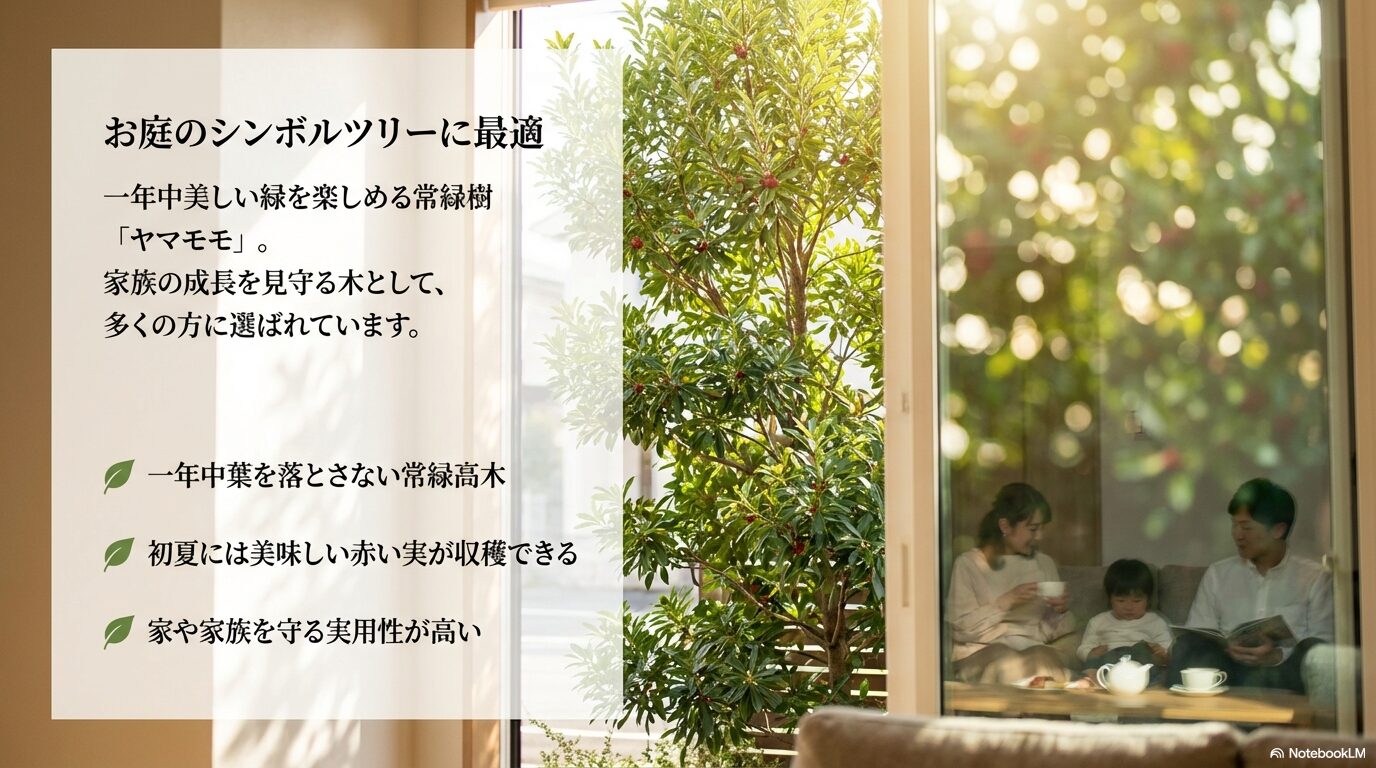 一年中美しい緑を楽しめる常緑樹であり、家族の成長を見守るシンボルツリーとして人気のヤマモモの特徴