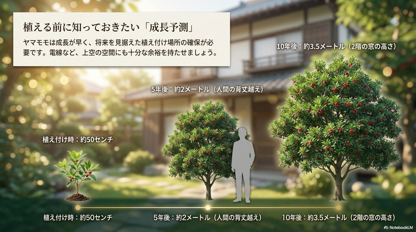 ヤマモモの植え付け時から5年後（約2m）、10年後（約3.5m）までの成長シミュレーションとサイズの予測