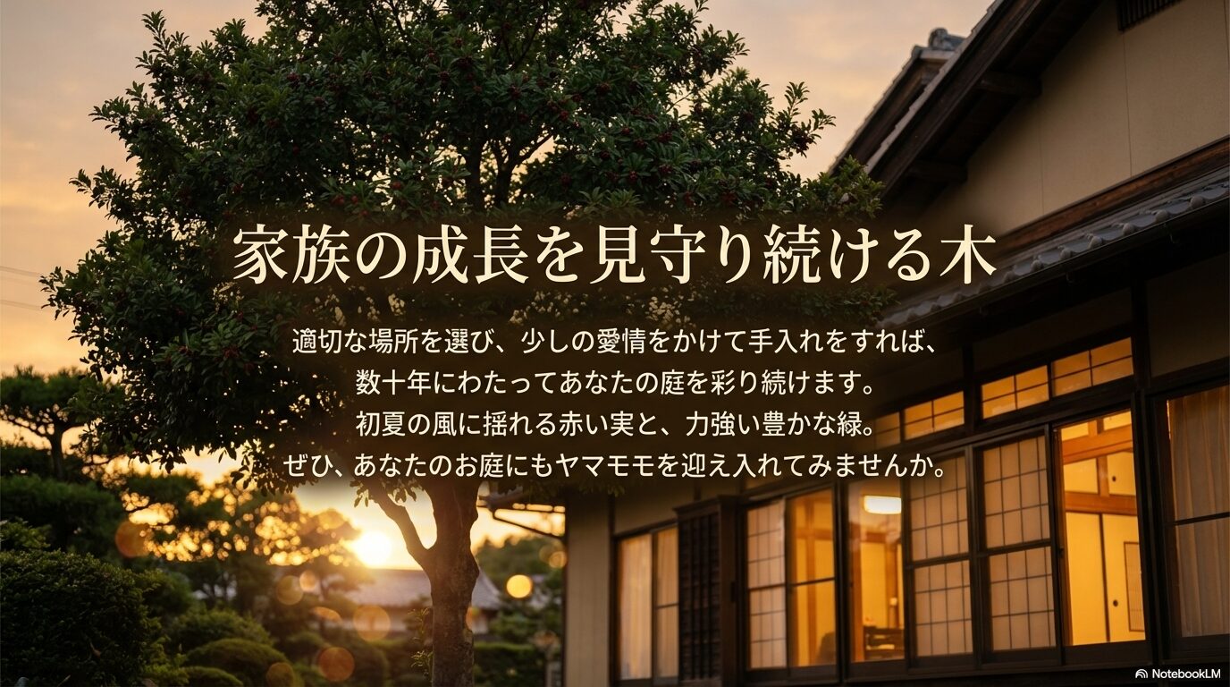 数十年にわたって庭を彩り、家族の成長を見守り続けるヤマモモの木を庭に迎え入れる提案