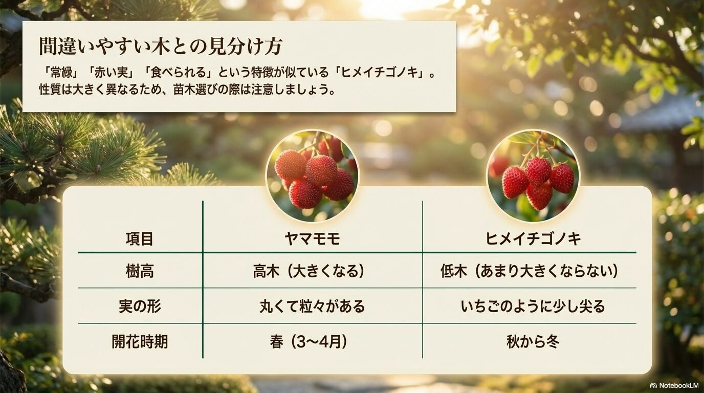 ヤマモモとよく似ているヒメイチゴノキの、樹高、実の形、開花時期などの明確な違いをまとめた比較表