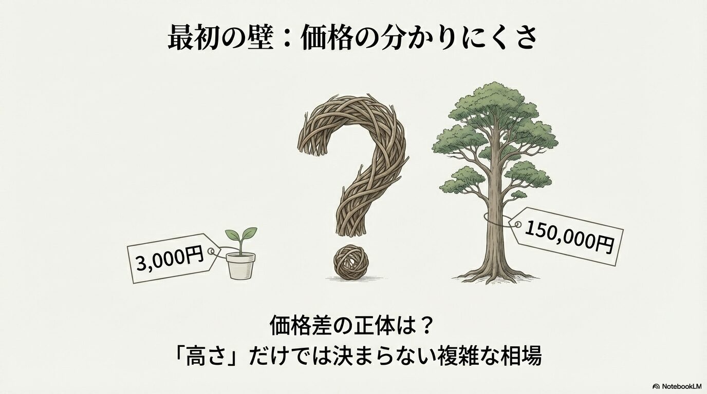 アオダモの価格差のイメージ図(3000円の苗木と15万円の成木)