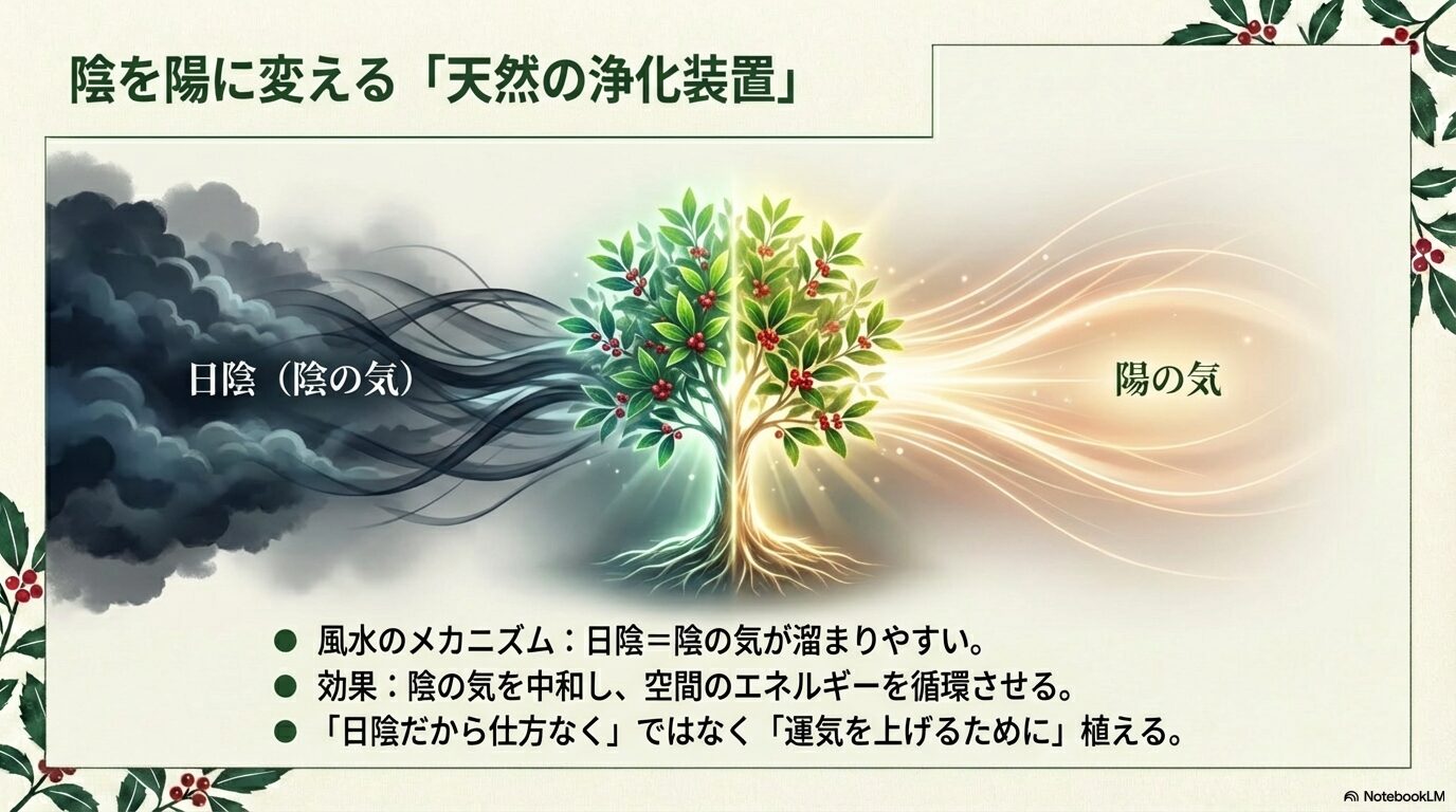 陰の気を陽の気に変えるアオキの風水効果