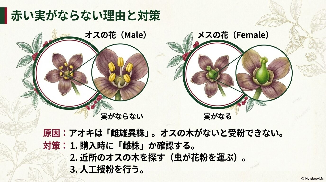 アオキの雄花と雌花の違いと実がならない理由