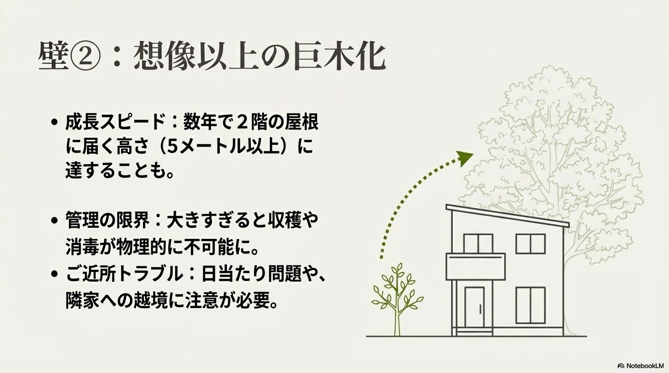 家の2階屋根を超える高さ5メートル以上に成長したさくらんぼの木と住宅の比較イラスト