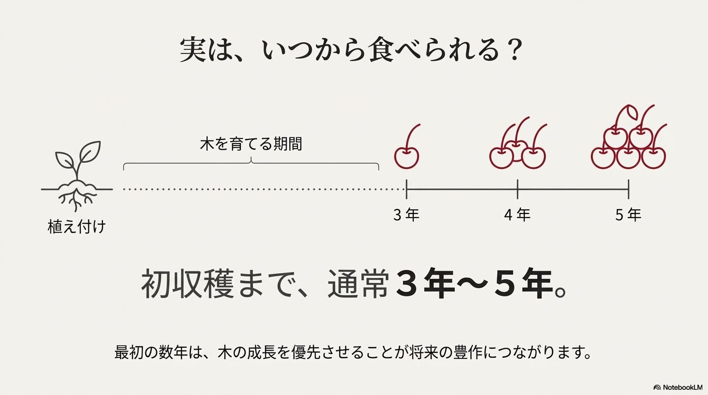 さくらんぼの苗木を植えてから実がなるまでの3年から5年の成長タイムライン