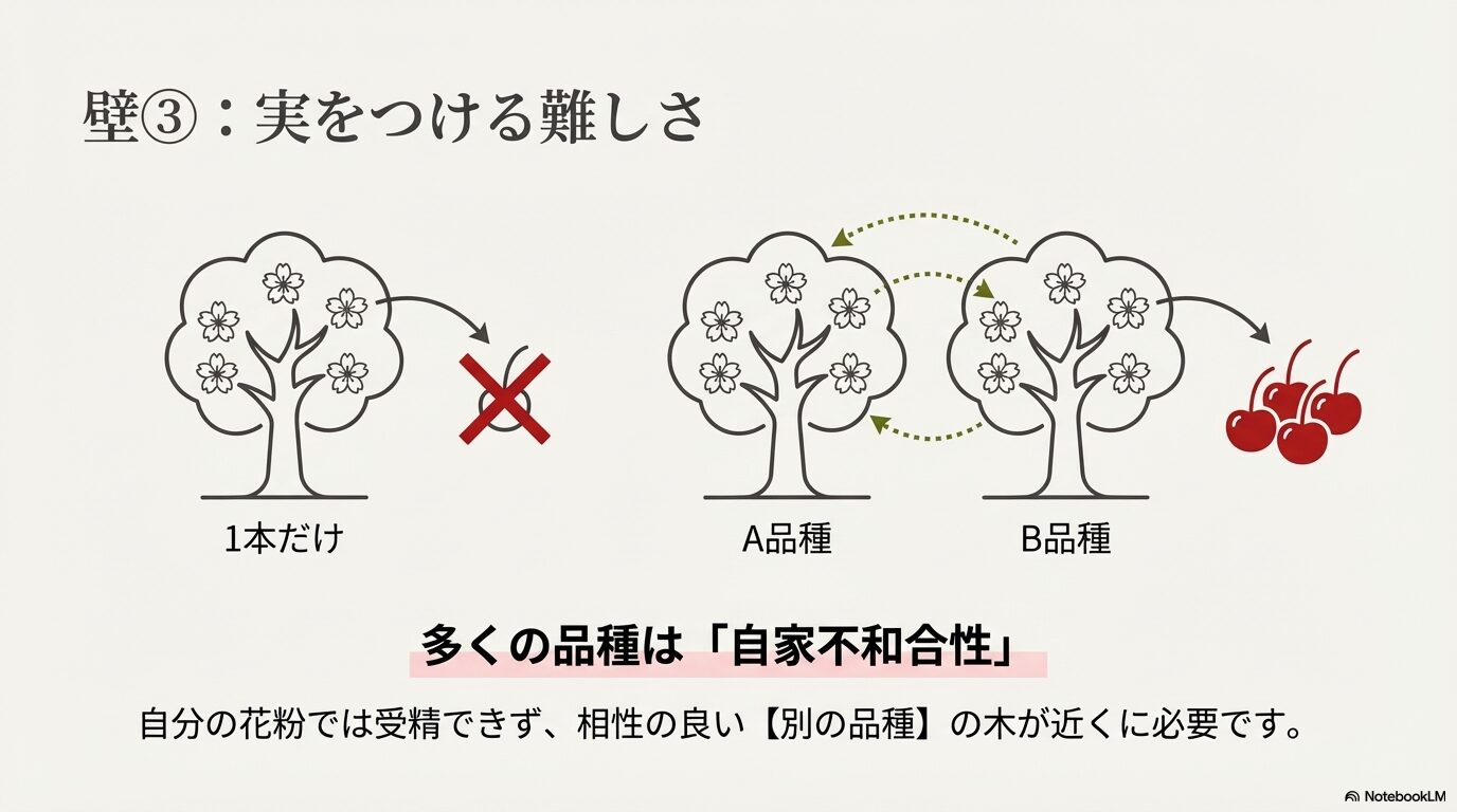 さくらんぼの実をつけるための自家不和合性と異品種交配（受粉樹）の必要性を示す図