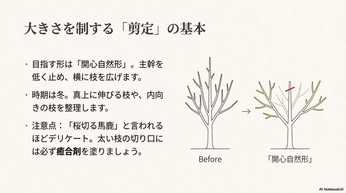 木の高さを抑える「開心自然形」の仕立て方と剪定前後の比較イラスト