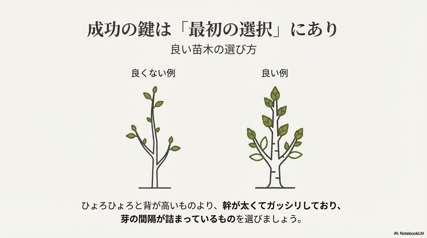 幹が太く芽の間隔が詰まった良い苗木と、ひょろひょろとした悪い苗木の比較イラスト