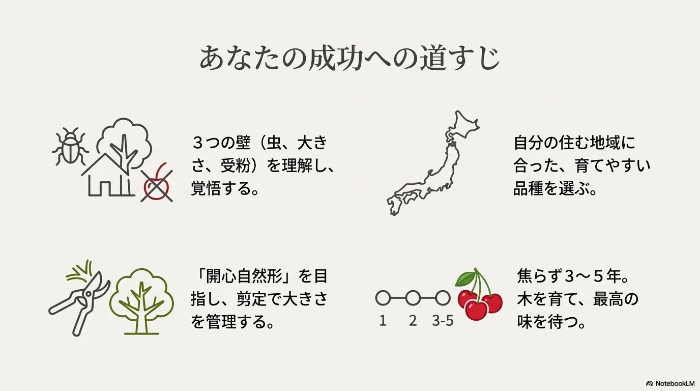 3つの壁の理解から品種選び、剪定、収穫までの成功へのステップをまとめた図
