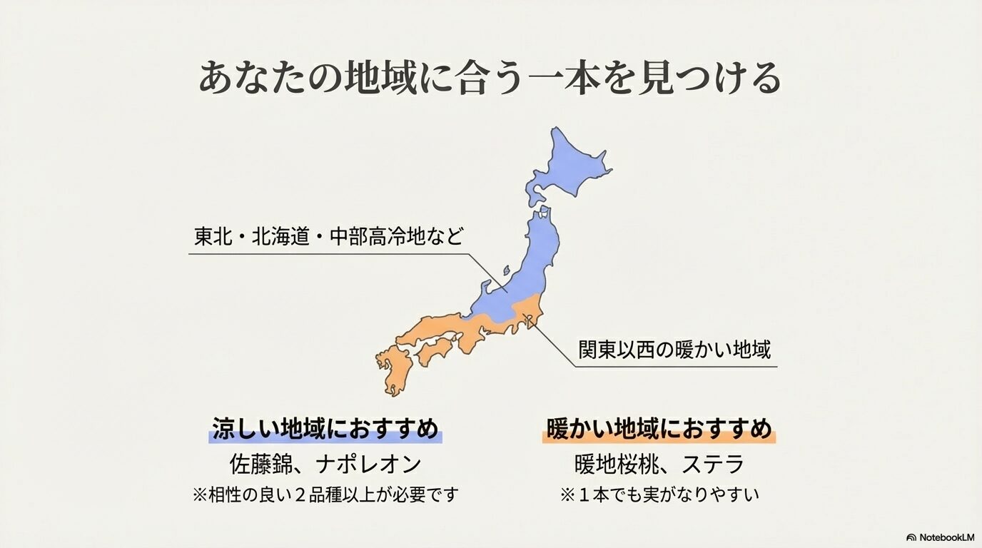 寒冷地（佐藤錦など）と暖地（暖地桜桃など）それぞれの気候に適したさくらんぼ品種の分布図
