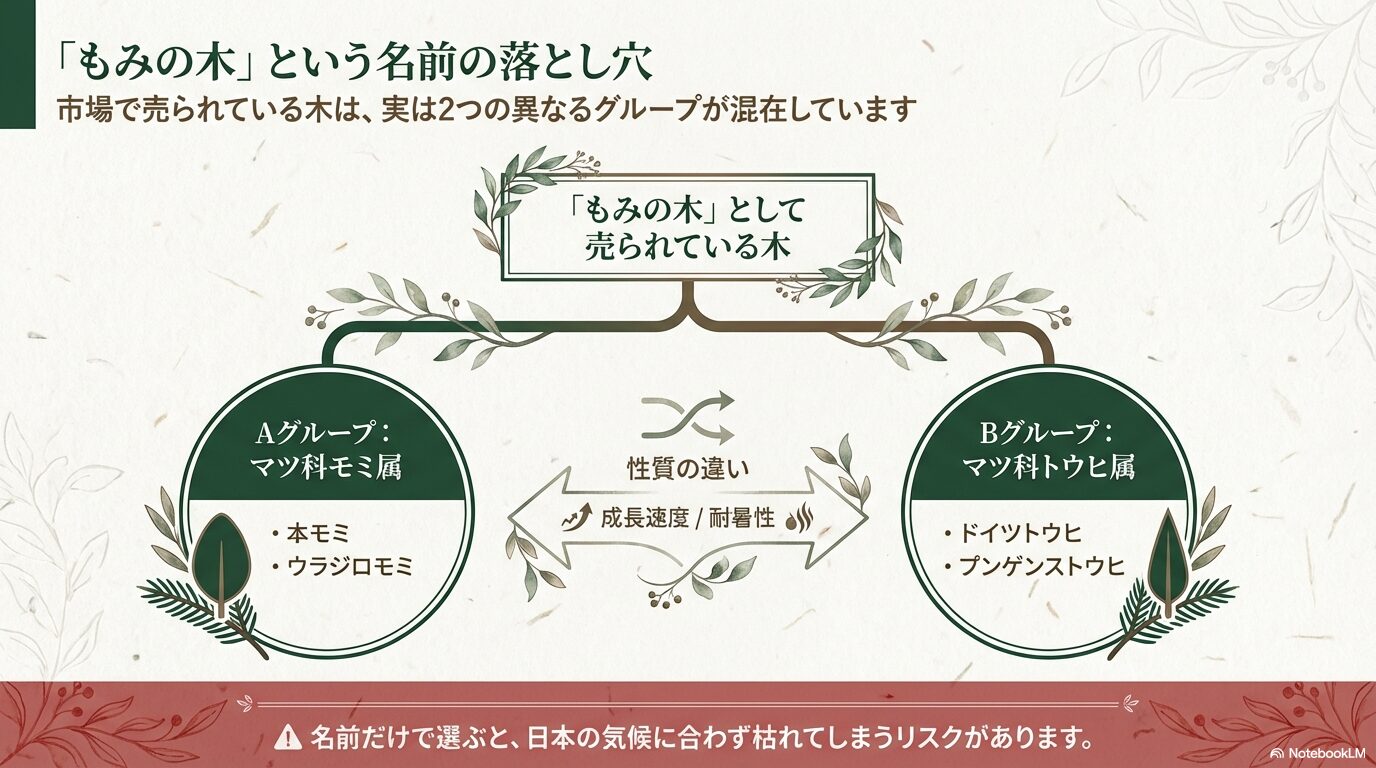 もみの木として流通している「モミ属」と「トウヒ属」の分類とそれぞれの代表品種