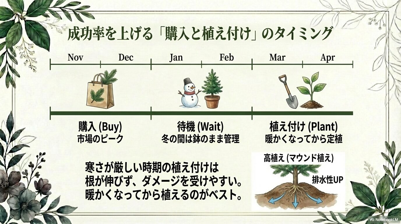 もみの木の購入適期(11-12月)と植え付け適期(3-4月)を示した年間カレンダー