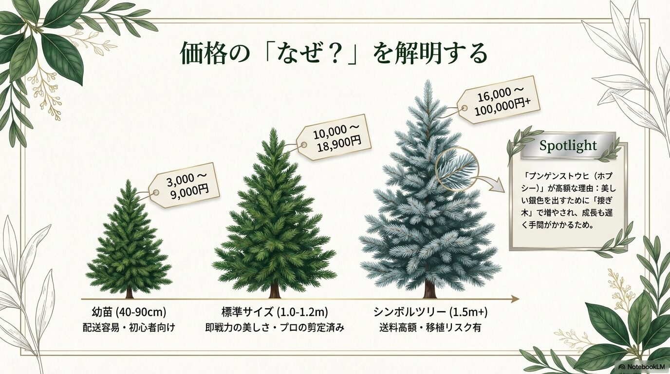 もみの木のサイズ別(幼苗・標準・大型)の価格相場と特徴を示したイラスト