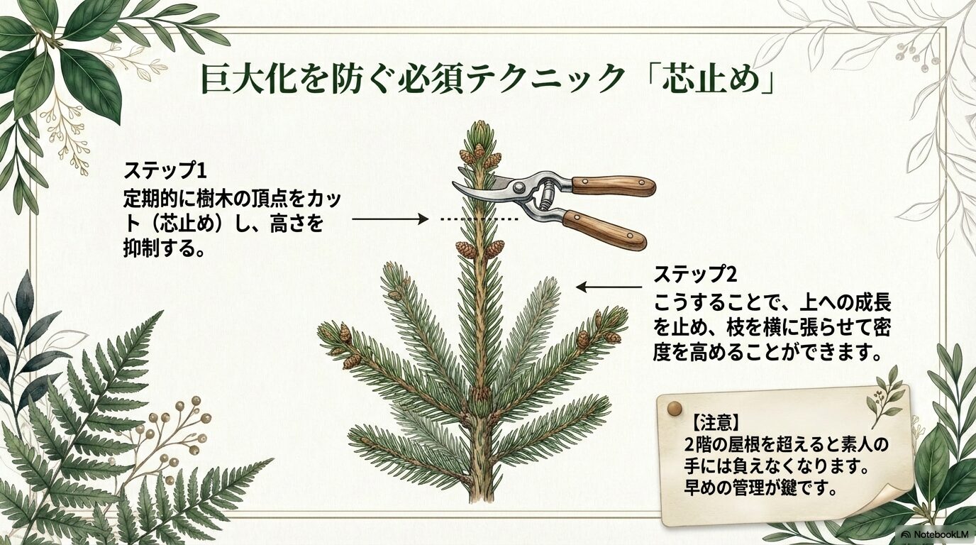 もみの木の巨大化を防ぐための剪定方法「芯止め(頂点をカット)」の手順イラスト