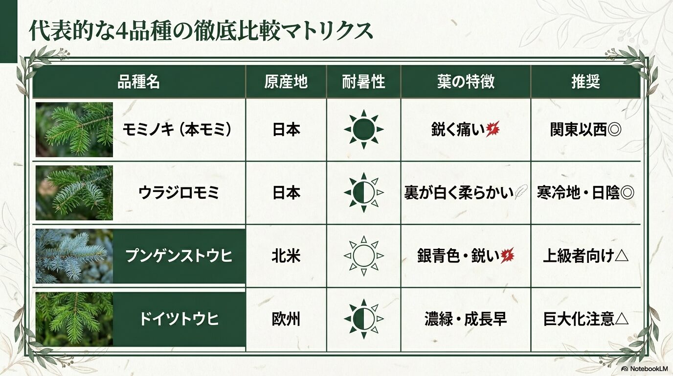 本モミ・ウラジロモミ・プンゲンストウヒ・ドイツトウヒの耐暑性や葉の特徴を比較した一覧表
