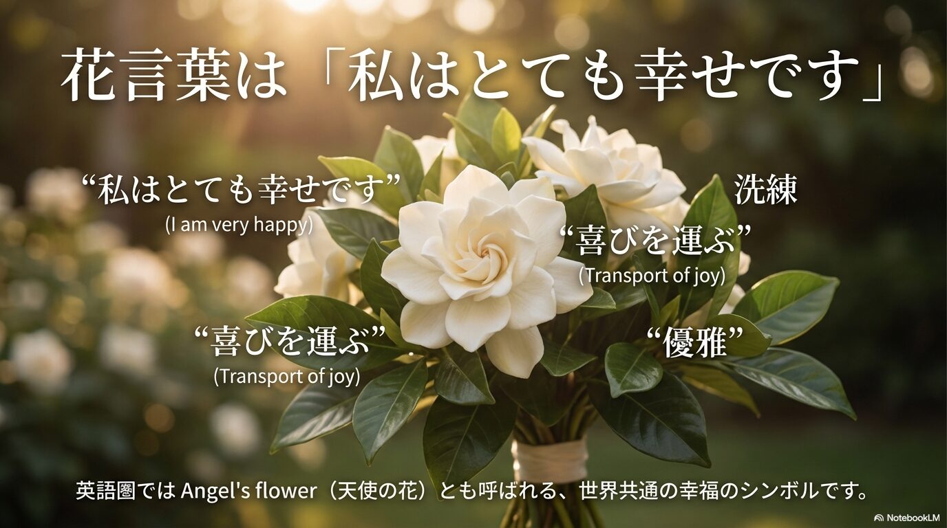 クチナシの花言葉「私はとても幸せです」「喜びを運ぶ」「洗練」「優雅」のリストと、英語圏での呼び名「Angel's flower(天使の花)」の紹介。