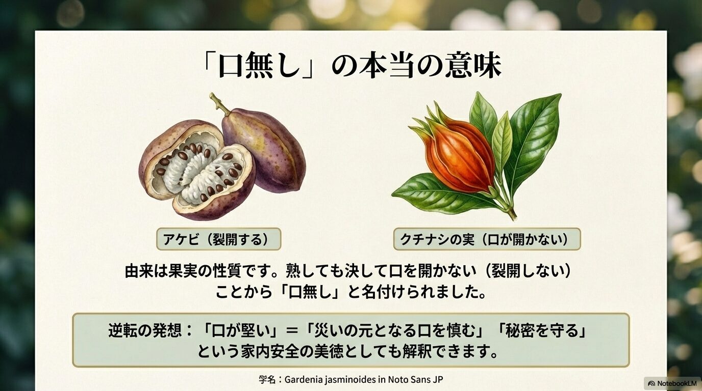 アケビ(裂開する)とクチナシ(口が開かない)の実の比較イラスト。「口無し」の由来は果実の性質であり、逆転の発想で「口が堅い=家内安全」とも解釈できることを解説。