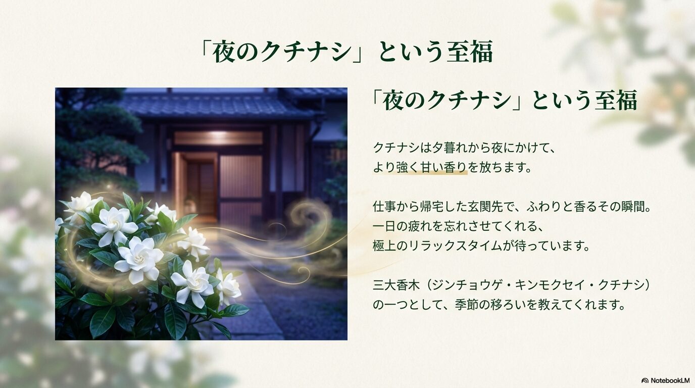 夜に香りを強く放つクチナシのイメージイラスト。「夜のクチナシ」は仕事帰りのリラックスタイムに至福のひとときをもたらす。