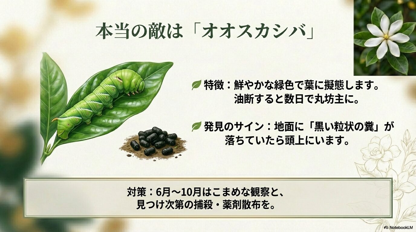 クチナシの害虫オオスカシバの幼虫(緑色)と、発見のサインとなる黒い手榴弾型の糞のイラスト。6月〜10月はこまめな観察と捕殺が必要。