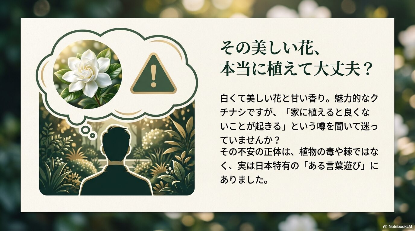 クチナシの花と注意マーク、庭木として植えるか迷っている男性のイラスト。「家に植えると良くないことが起きる?」という不安と、その正体が植物の毒ではなく言葉遊びにあることを示唆。