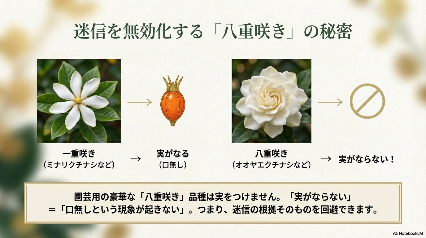 一重咲き(実がなる=口無し)と八重咲き(実がならない)の比較図。八重咲き品種を選べば「実がならない」ため、迷信を回避できることを解説。