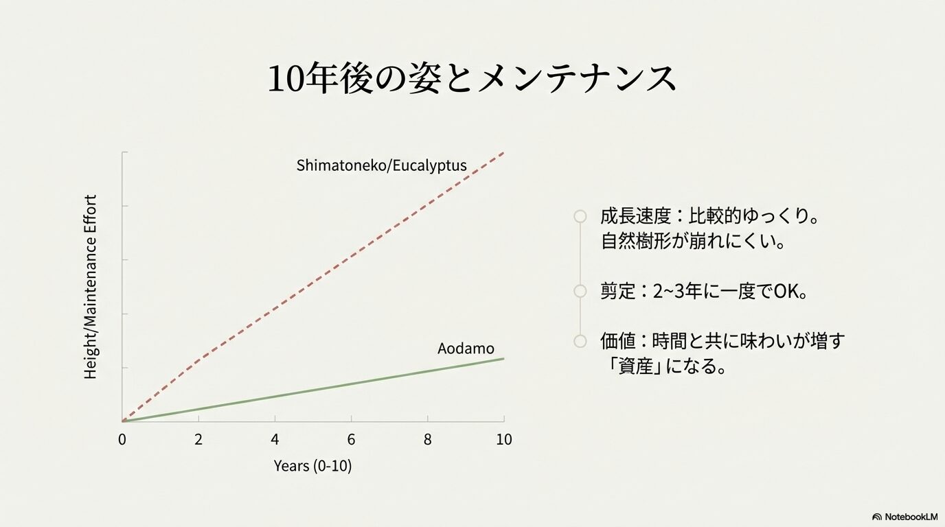 アオダモとシマトネリコの10年間の成長速度とメンテナンス労力の比較グラフ