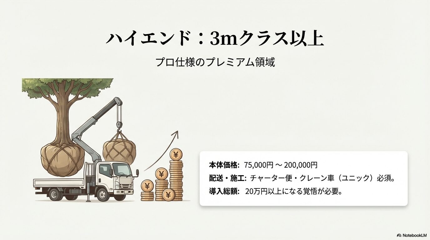 3m以上の大型樹木の運搬に必要なクレーン車とコスト高のイメージ