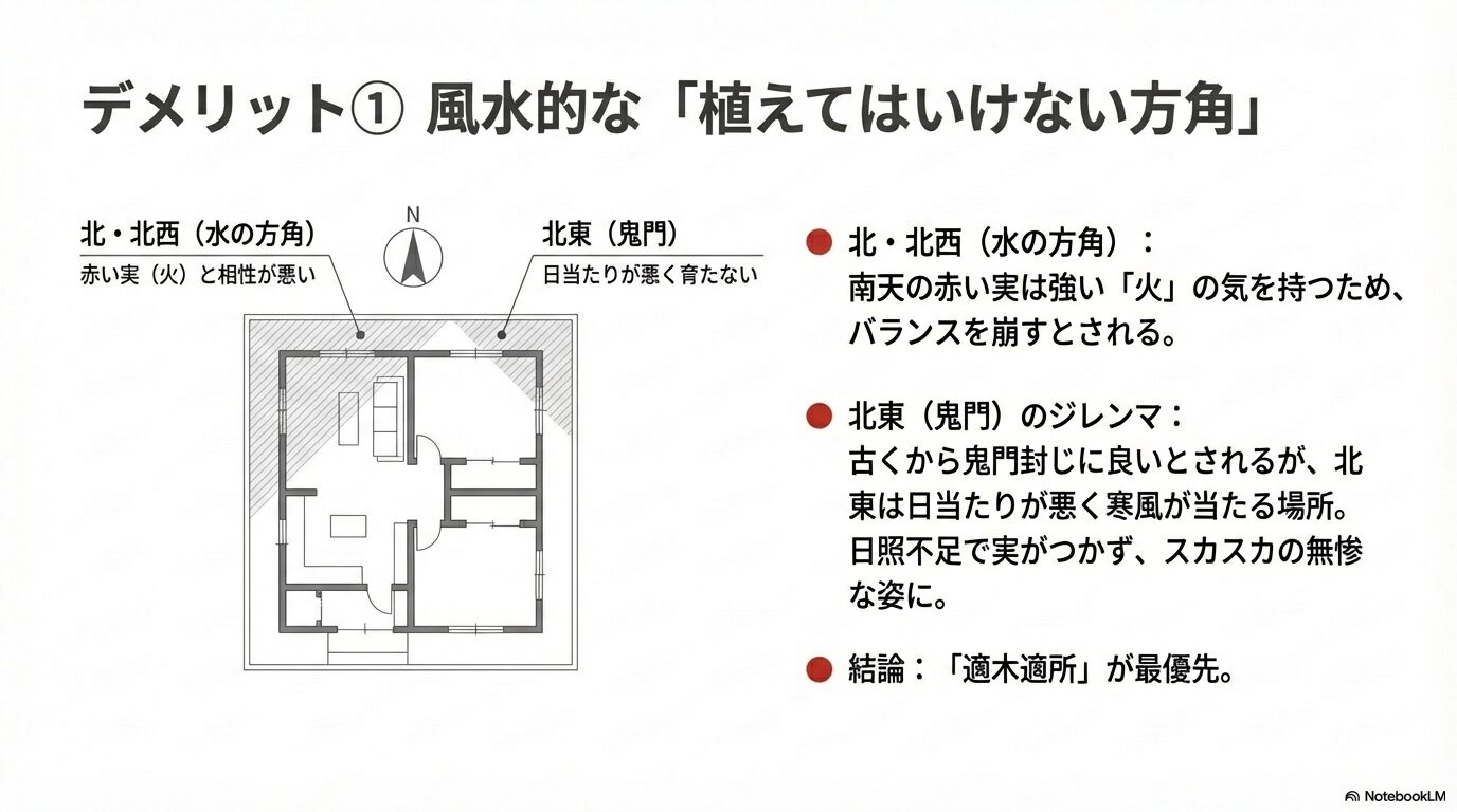 南天を植えてはいけない方角(北・北西・北東)と風水的な理由を図解したチャート