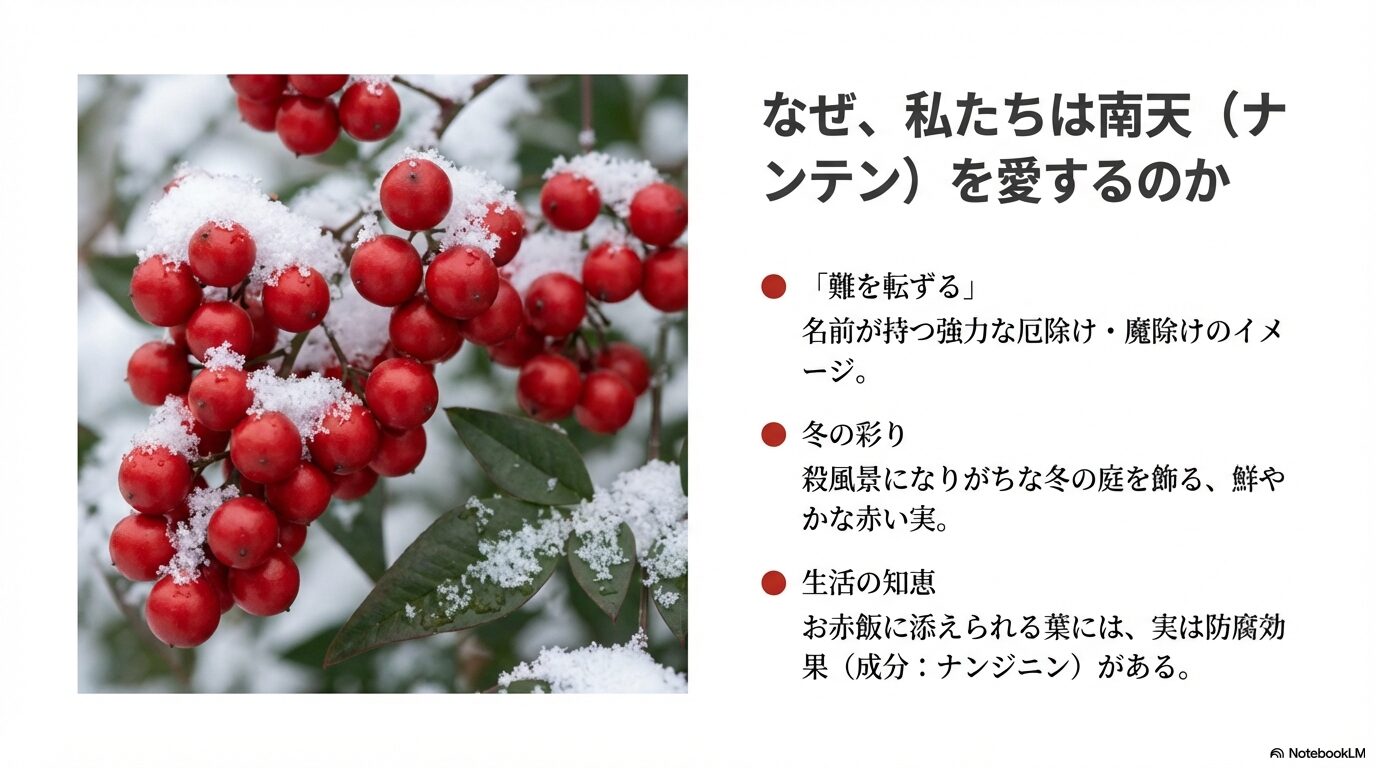 南天(ナンテン)の名前の由来「難を転ずる」と魔除けとしての役割を解説したイラスト