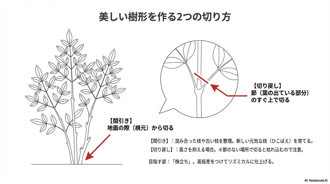 南天の剪定方法(間引きと切り戻し)の切る位置を示した分かりやすい図解イラスト