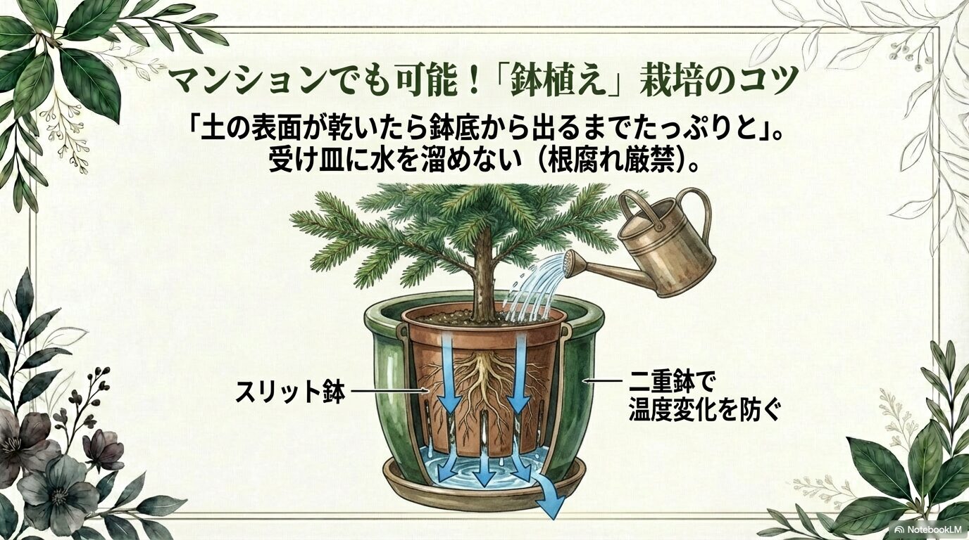 もみの木の鉢植え栽培に適したスリット鉢と二重鉢の構造イラスト