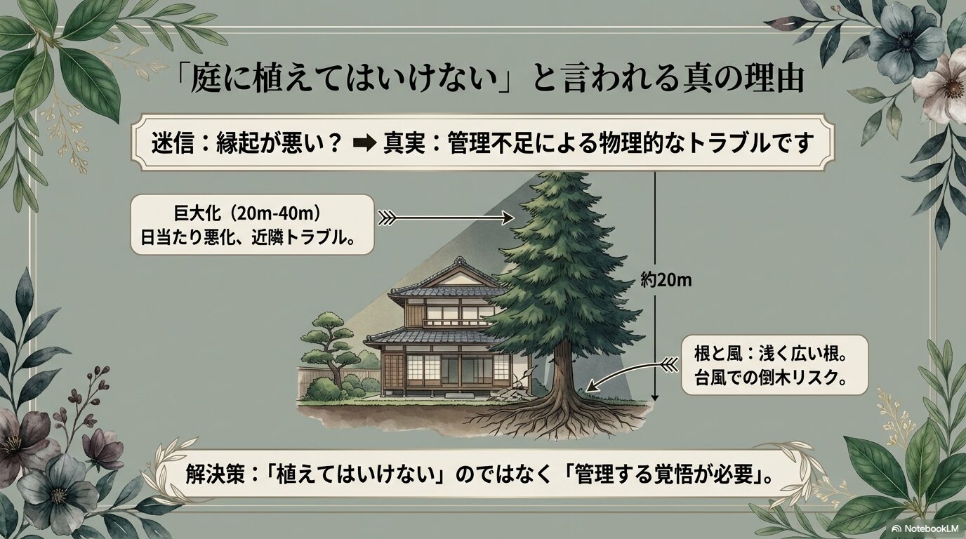 もみの木が巨大化して近隣トラブルになるリスクと根の広がりについての図解